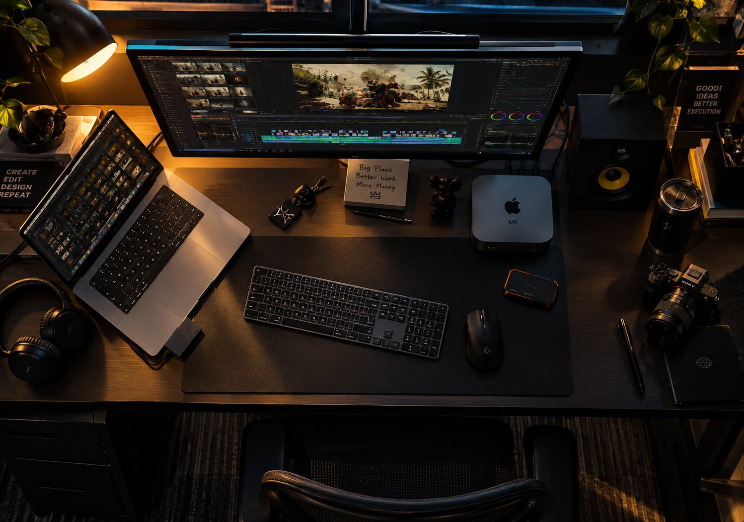 Editing workstation with a Mac Studio and a colour-graded timeline