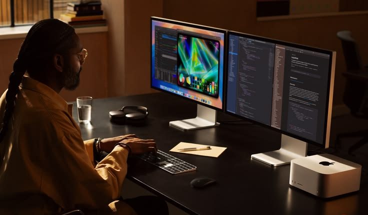 A creative working across two displays