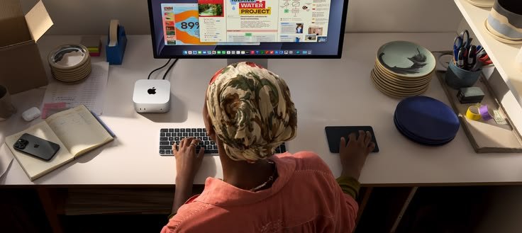 A creative working at a desk with a Mac mini and display